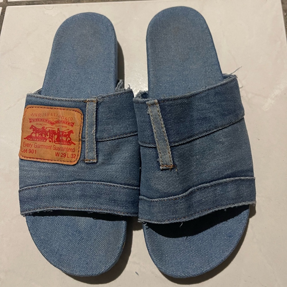 Free shipping-Upcycled Denim Slides